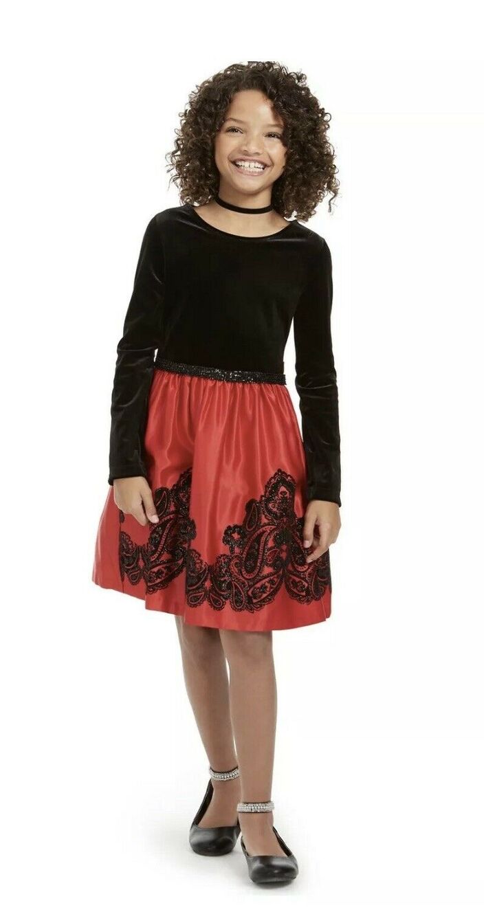 Rare Editions Fit And Flare Girl’s Velvet Dress Holiday’s Red/Black Size 16 NWT